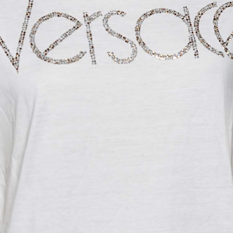Pre Owned Versace White Logo Embellished Cotton Short Sleeve T-Shirt M