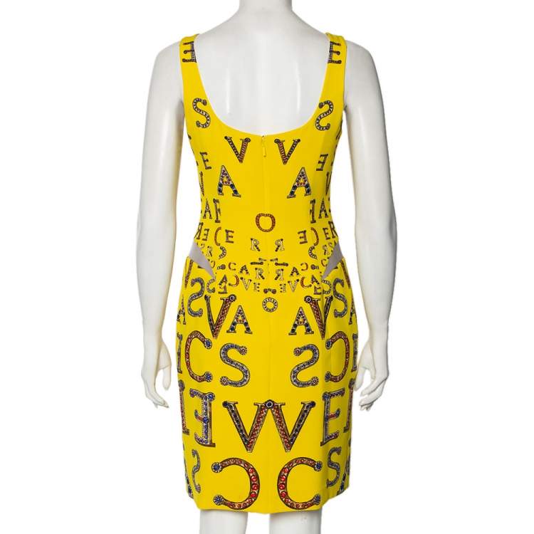 Pre Owned Versace Yellow Printed Silk Leather Trim Detailed Bodycon Dress S
