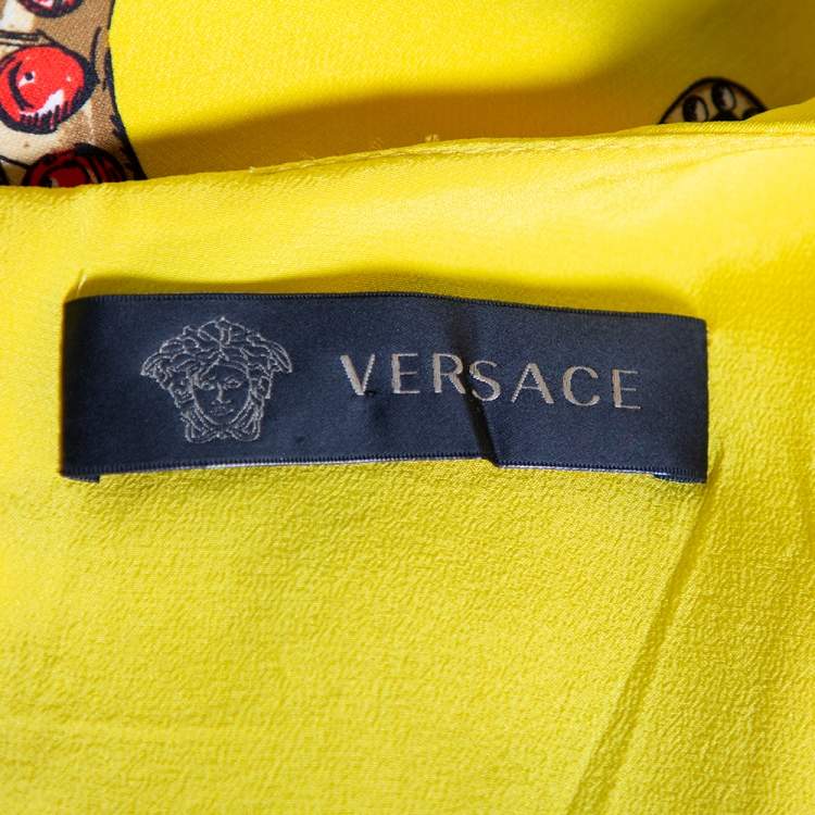 Pre Owned Versace Yellow Printed Silk Leather Trim Detailed Bodycon Dress S