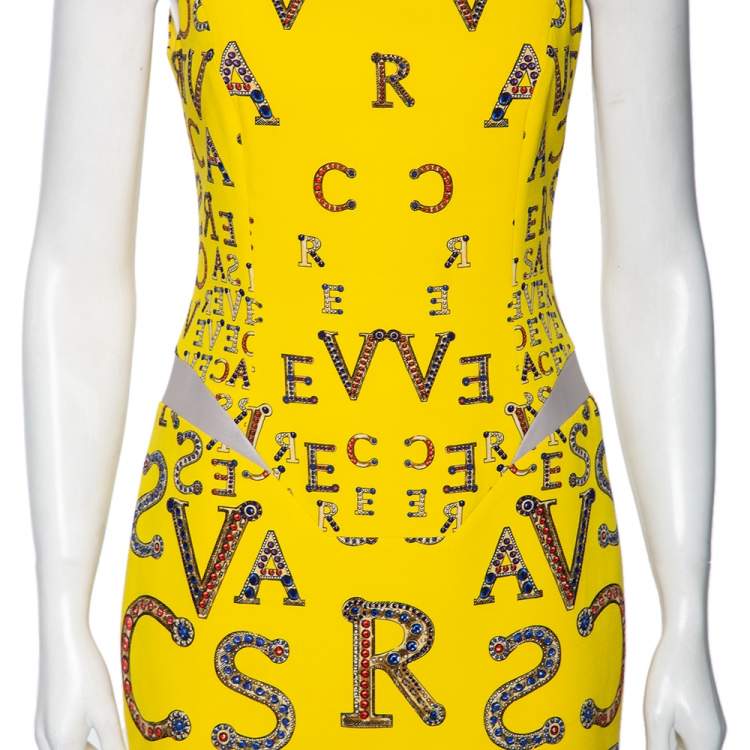 Pre Owned Versace Yellow Printed Silk Leather Trim Detailed Bodycon Dress S