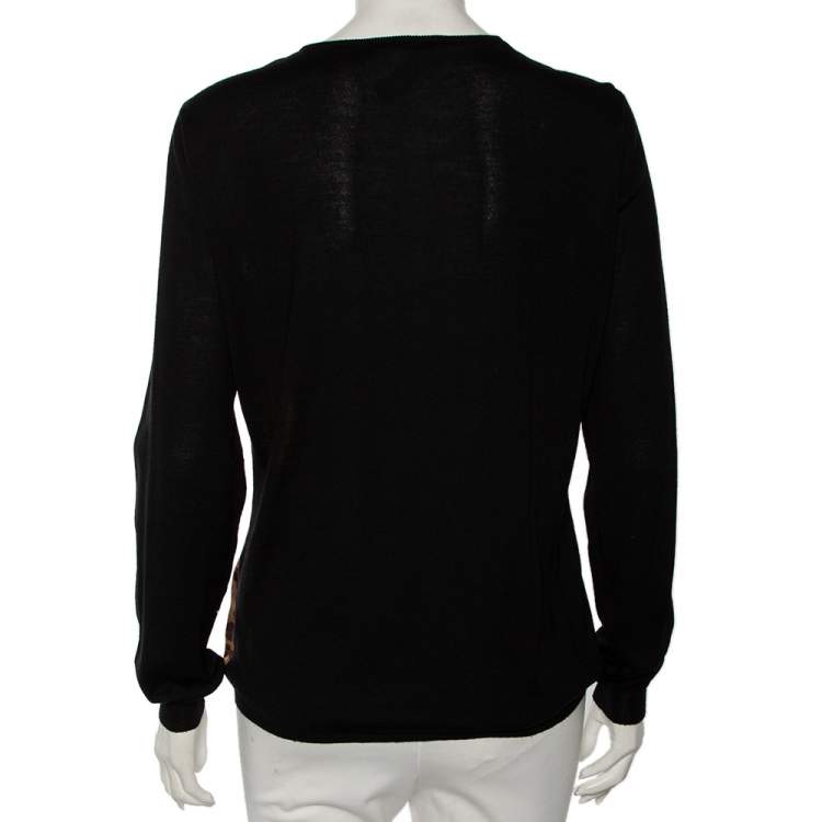 Pre Owned Versace Wool Knit & Baroque Printed Silk Paneled Button Front Cardigan L