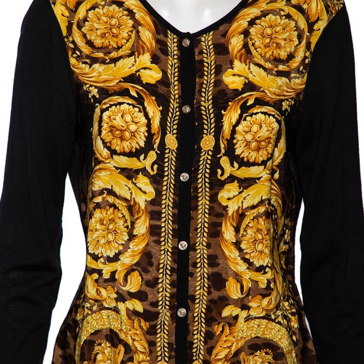 Pre Owned Versace Wool Knit & Baroque Printed Silk Paneled Button Front Cardigan L