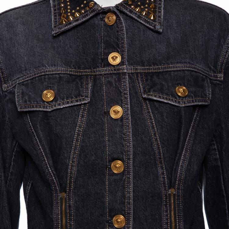 Pre Owned Versace Charcoal Grey Denim Rockstud Detail Button Front Jacket M