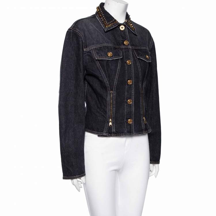 Pre Owned Versace Charcoal Grey Denim Rockstud Detail Button Front Jacket M