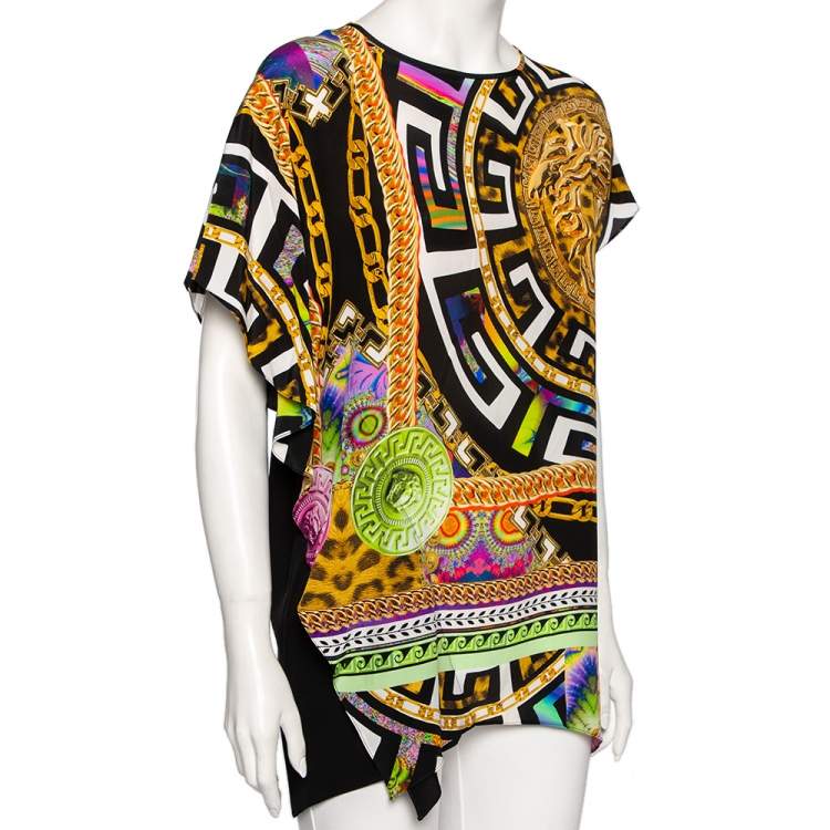 Pre Owned Versace Multicolored Medusa & Cheetah Printed Silk Blouse M 