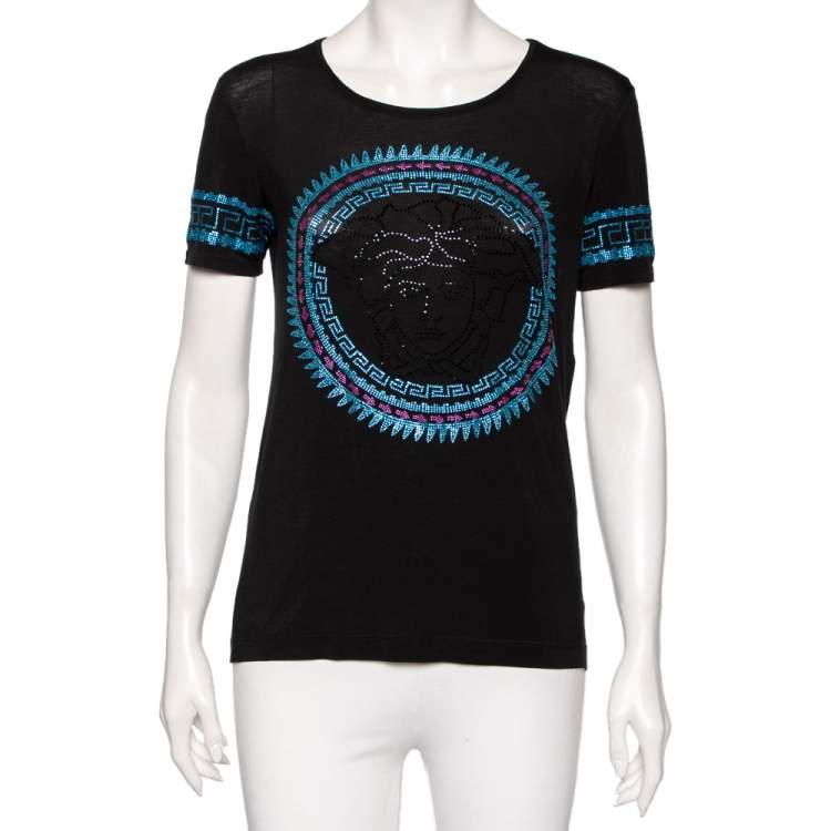 Pre Owned Versace Black Stretch Knit Medusa Embellished T-Shirt S