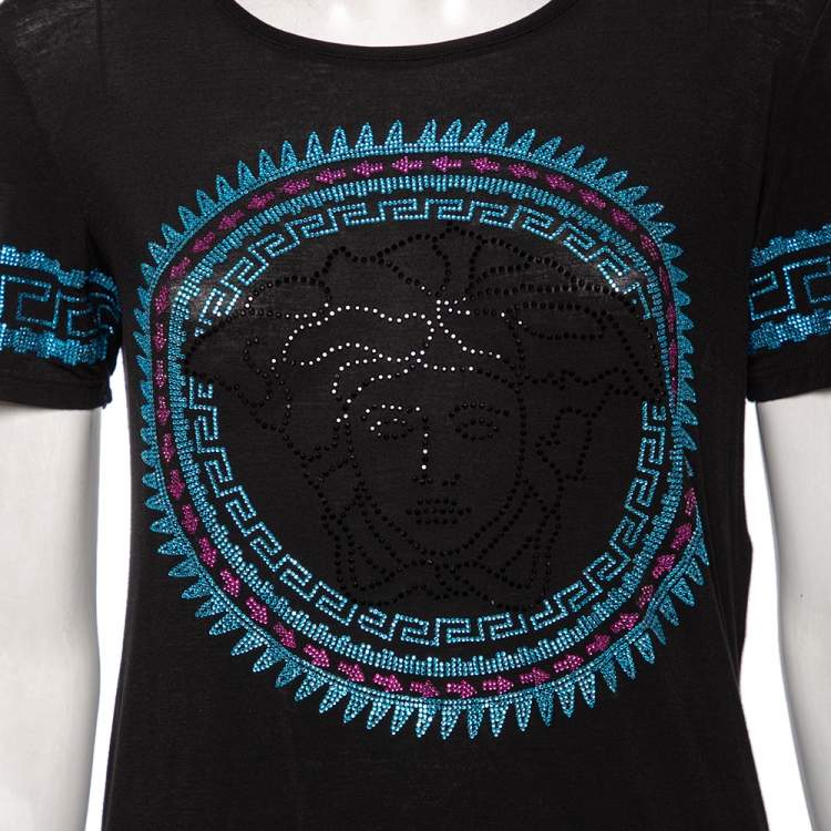 Pre Owned Versace Black Stretch Knit Medusa Embellished T-Shirt S