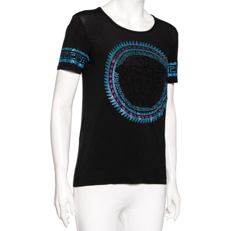 Pre Owned Versace Black Stretch Knit Medusa Embellished T-Shirt S