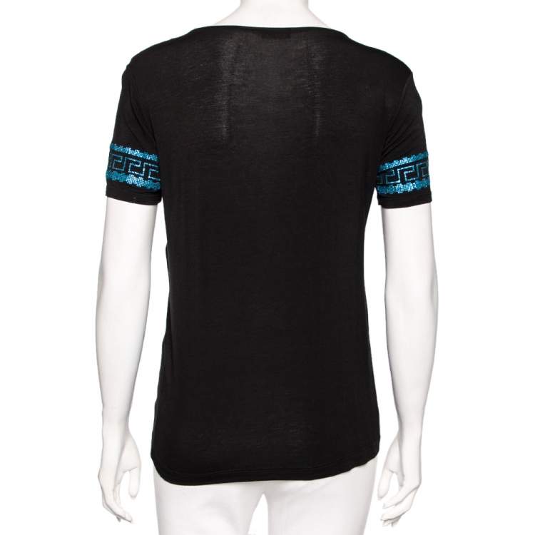 Pre Owned Versace Black Stretch Knit Medusa Embellished T-Shirt S