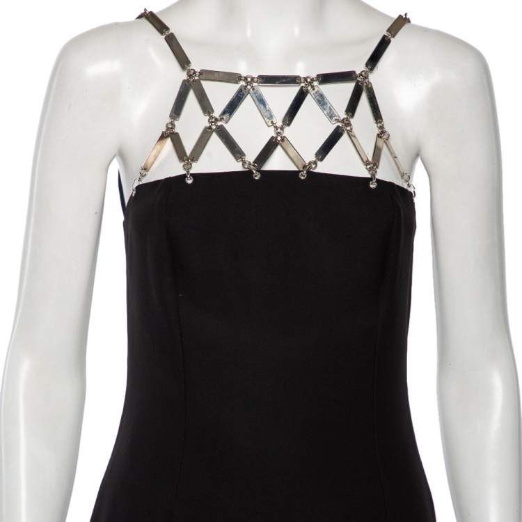 Pre Owned Versace Black Silk Crepe & Metal Chain Detailed Dress S 