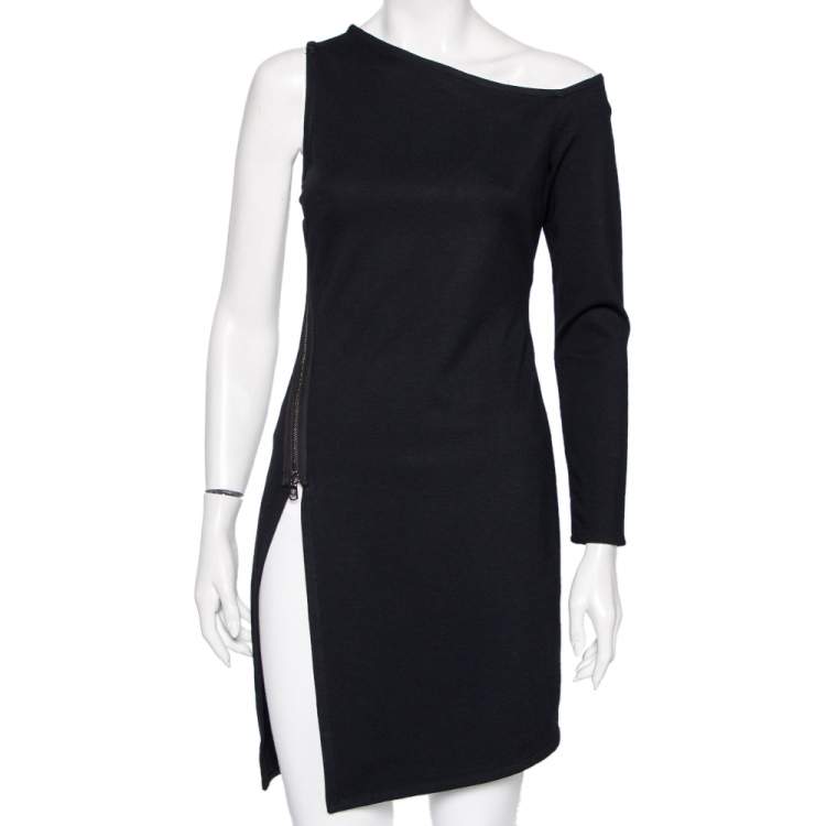 Pre Owned Versace Black Stretch Knit Slit Detail Asymmetric One-Sleeve Dress M 