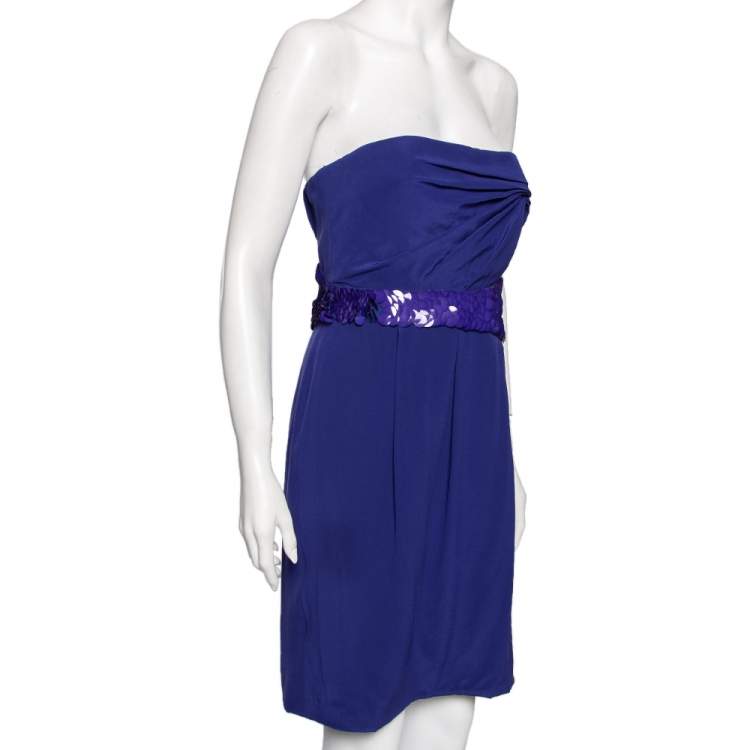 Pre Owned Versace Blue Crepe Embellished Detail Strapless Mini Dress M