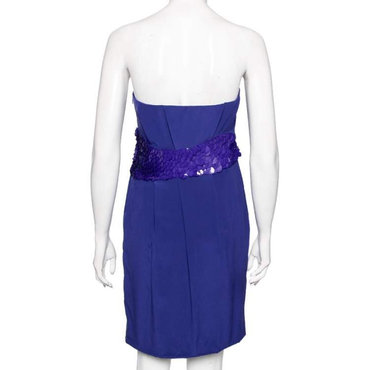 Pre Owned Versace Blue Crepe Embellished Detail Strapless Mini Dress M