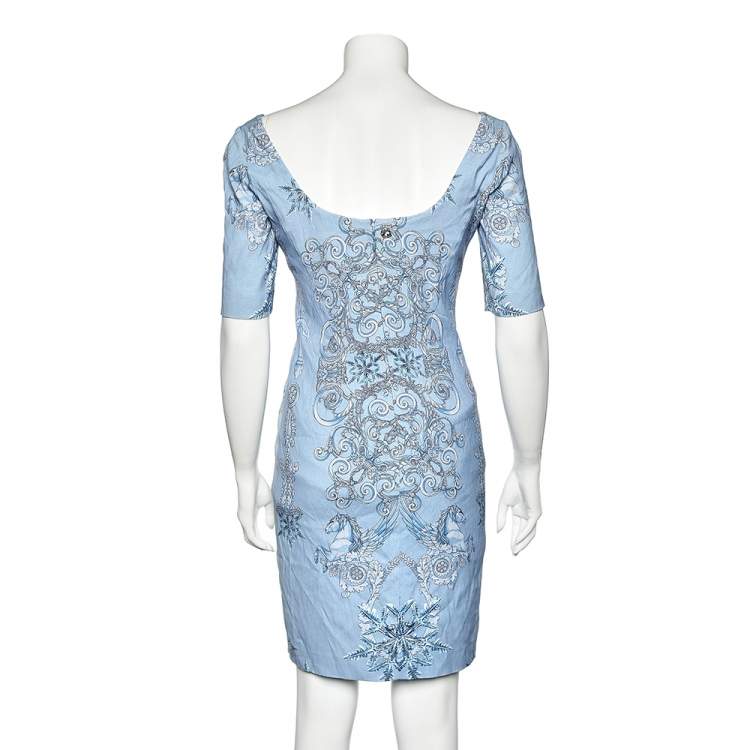 Pre Owned Versace Blue Baroque Printed Crepe Sheath Dress M