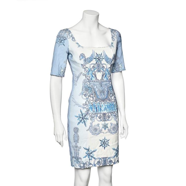 Pre Owned Versace Blue Baroque Printed Crepe Sheath Dress M