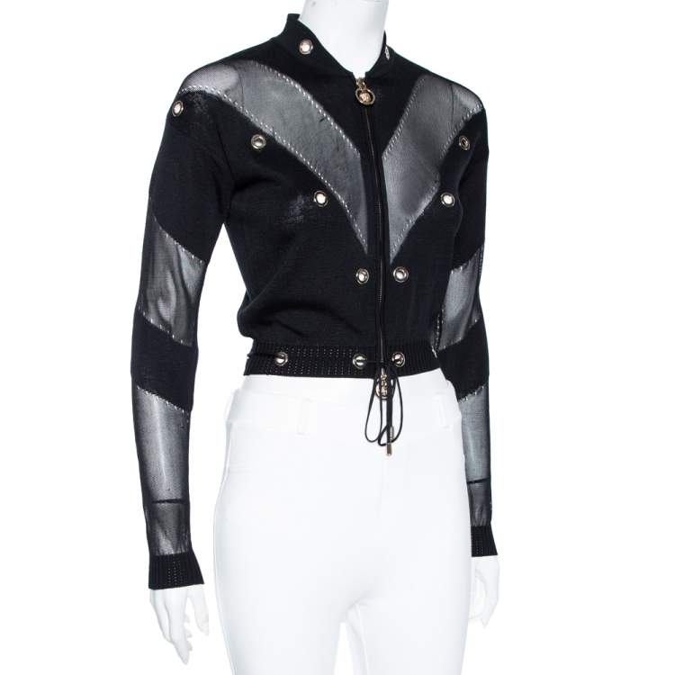 Pre Owned Versace Black & Gold Eyelet Detail Knit Zip Front Jacket S