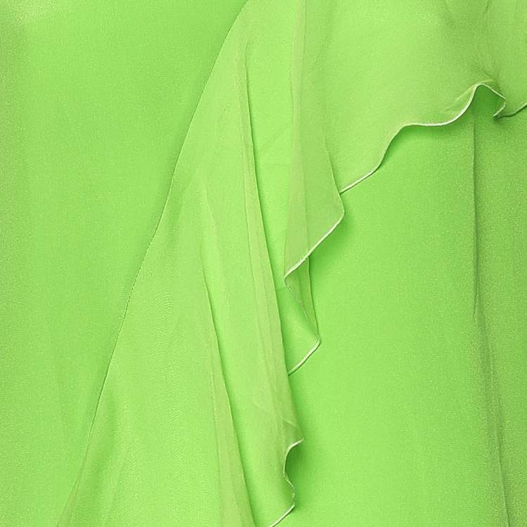 Pre Owned Versace Neon Green Silk Ruffled Sleeveless Top L