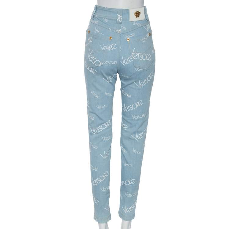 Pre Owned Versace Blue Logo Printed Denim Jeans S