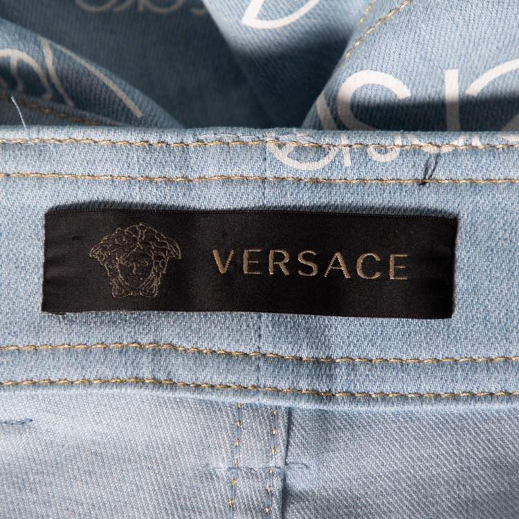 Pre Owned Versace Blue Logo Printed Denim Jeans S