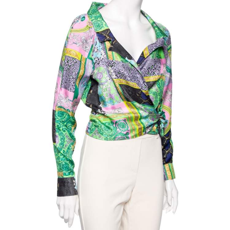 Pre Owned Versace Multicolored Baroque Patchwork Print Silk Cropped Top S