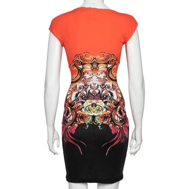 مملوكة مسبقًا Versace Orange & Black Printed Jersey Sleeveless Short Dress S