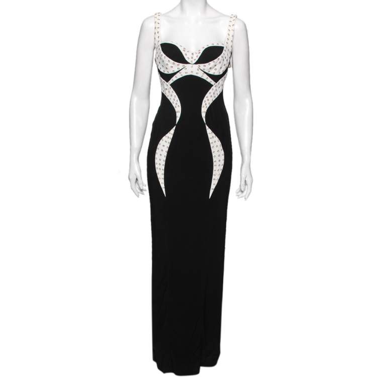 Pre Owned Versace Black Crepe Contrast Paneled Eyelet Studded Maxi Dress S