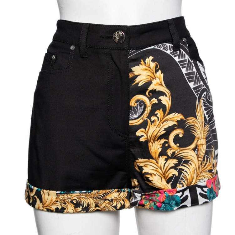 Pre Owned Versace Black Printed Cotton High Waisted Shorts M
