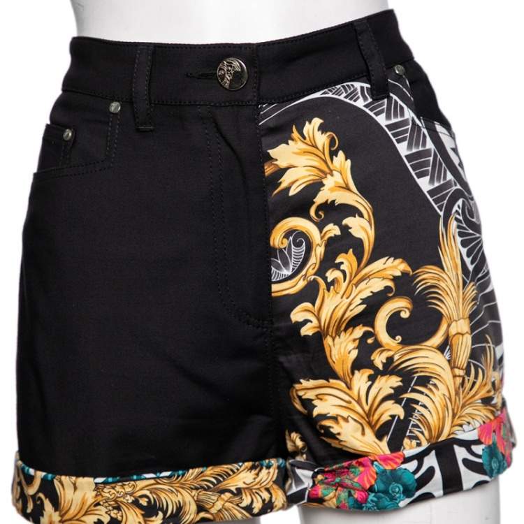 Pre Owned Versace Black Printed Cotton High Waisted Shorts M