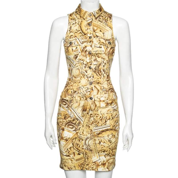 مملوكة مسبقًا Versace Yellow Printed Cotton Button Front Sleeveless Dress S
