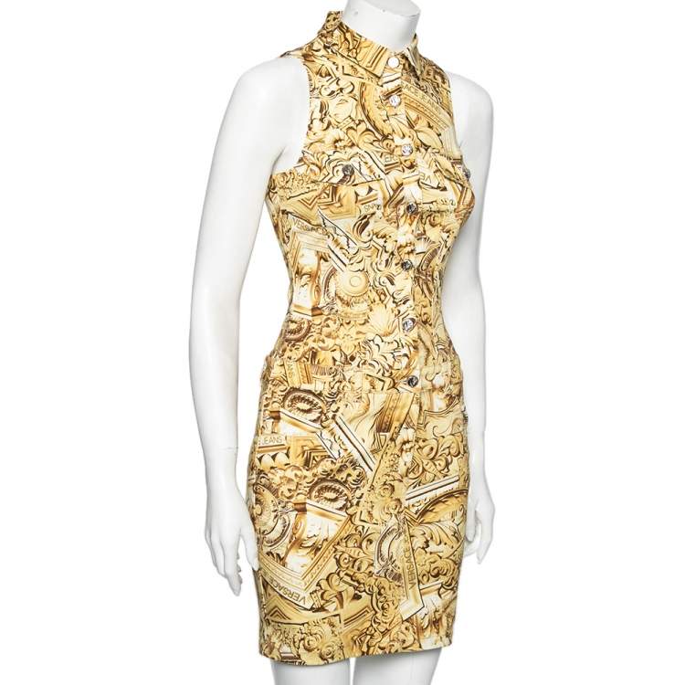 مملوكة مسبقًا Versace Yellow Printed Cotton Button Front Sleeveless Dress S