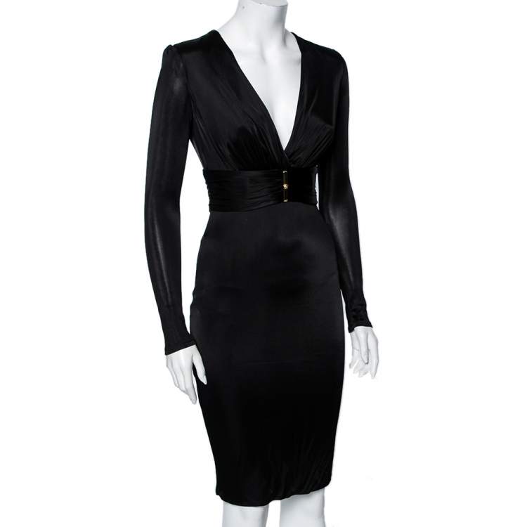 Pre Owned Versace Black Jersey Deep V-Neck Belted Dress S