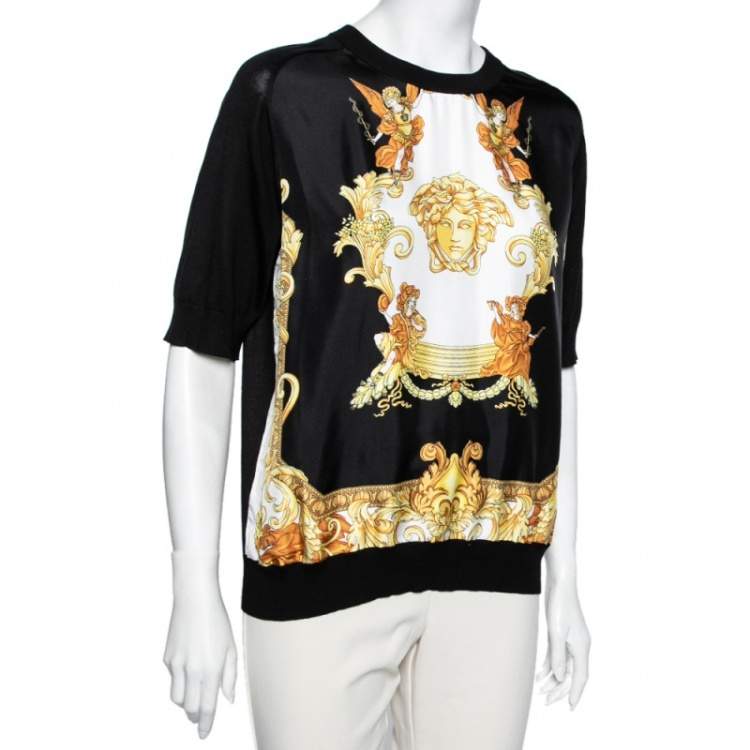 Pre Owned Versace Black Medusa Printed Silk Crew Neck Top L