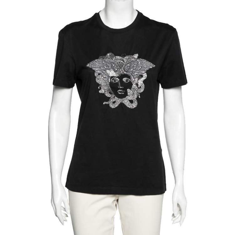 Pre Owned Versace Black Medusa Head Embroidered Cotton T-Shirt S