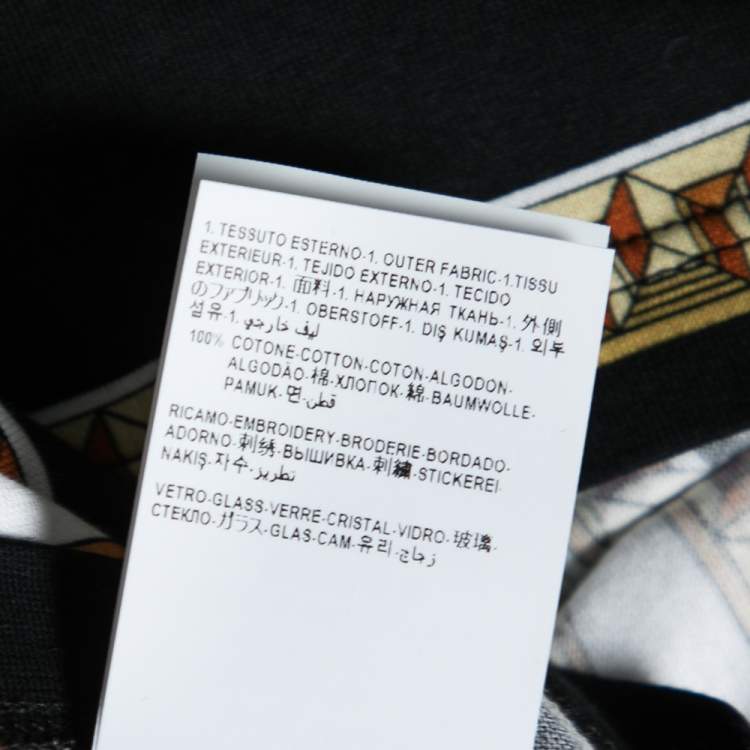 Pre Owned Versace Black & Gold Crystal Logo Medusa Renaissance Printed Cotton Top L
