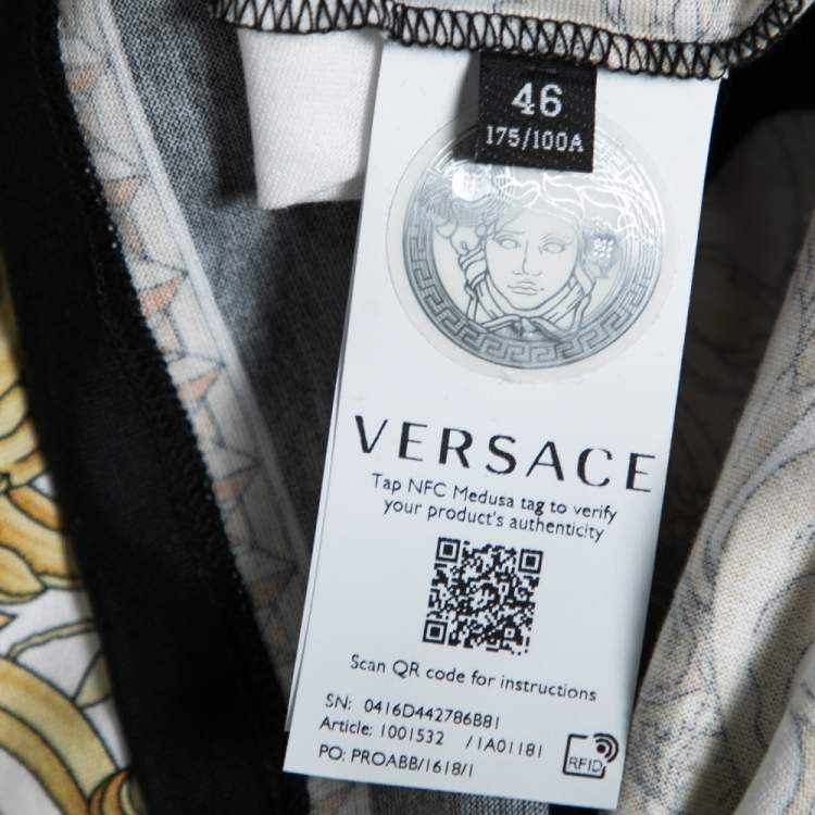 Pre Owned Versace Black & Gold Crystal Logo Medusa Renaissance Printed Cotton Top L