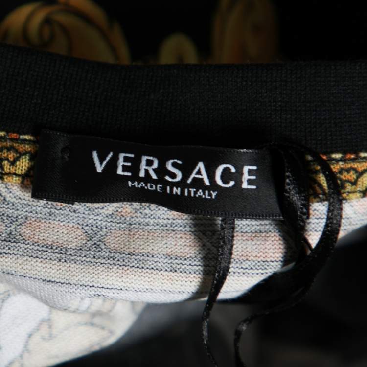 Pre Owned Versace Black & Gold Crystal Logo Medusa Renaissance Printed Cotton Top L