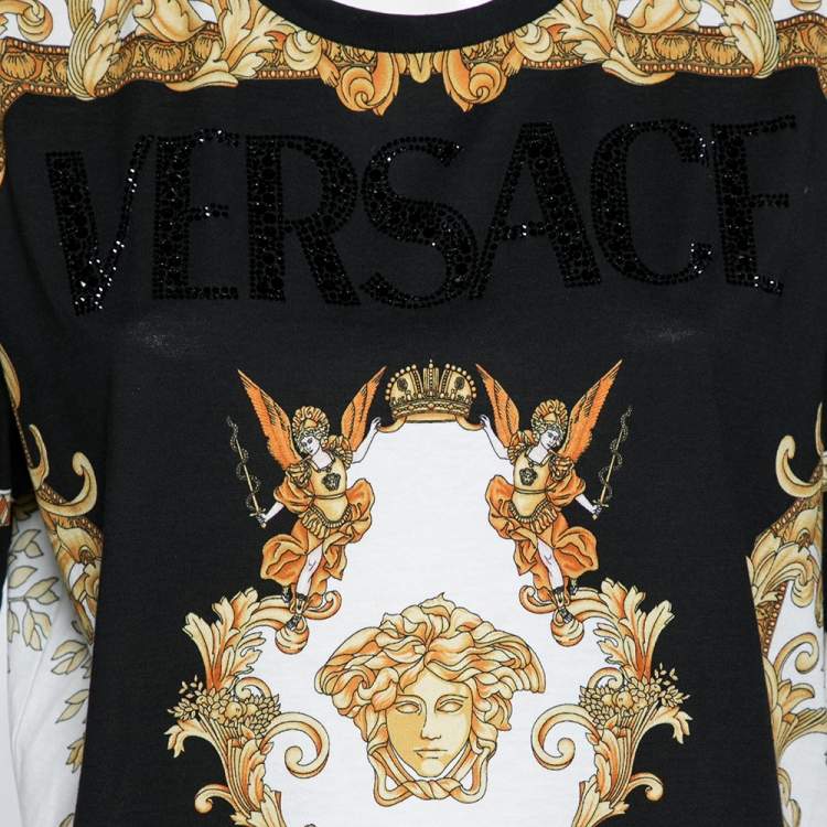 Pre Owned Versace Black & Gold Crystal Logo Medusa Renaissance Printed Cotton Top L