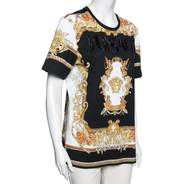 Pre Owned Versace Black & Gold Crystal Logo Medusa Renaissance Printed Cotton Top L