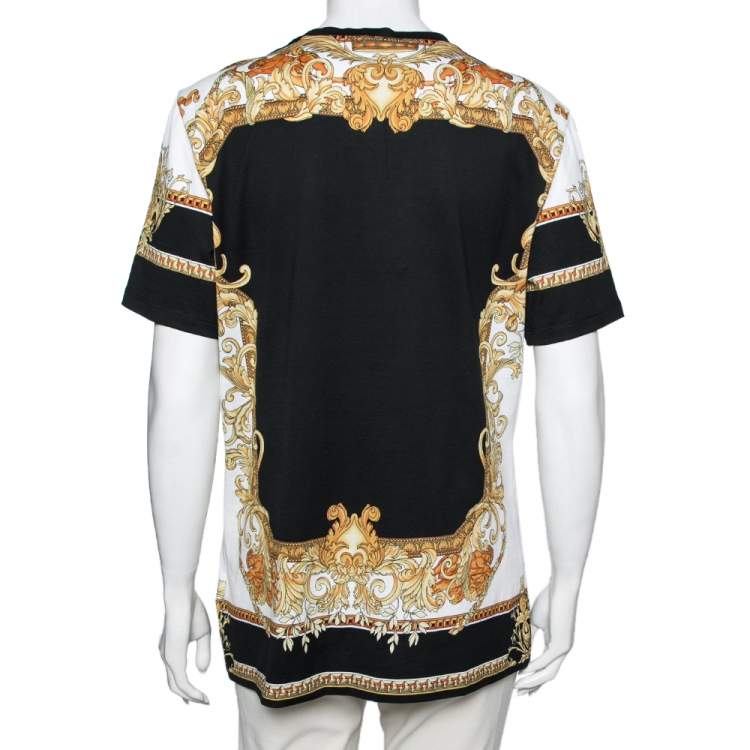 Pre Owned Versace Black & Gold Crystal Logo Medusa Renaissance Printed Cotton Top L
