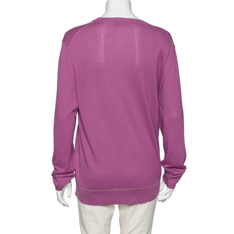 Pre Owned Versace Purple Knit Greca Detailed Long Sleeve Sweater XL
