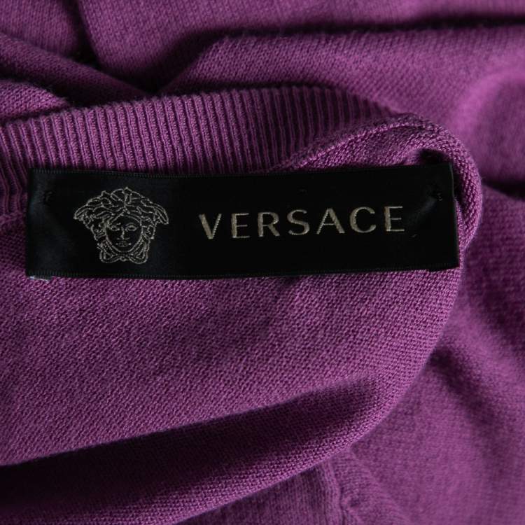 Pre Owned Versace Purple Knit Greca Detailed Long Sleeve Sweater XL