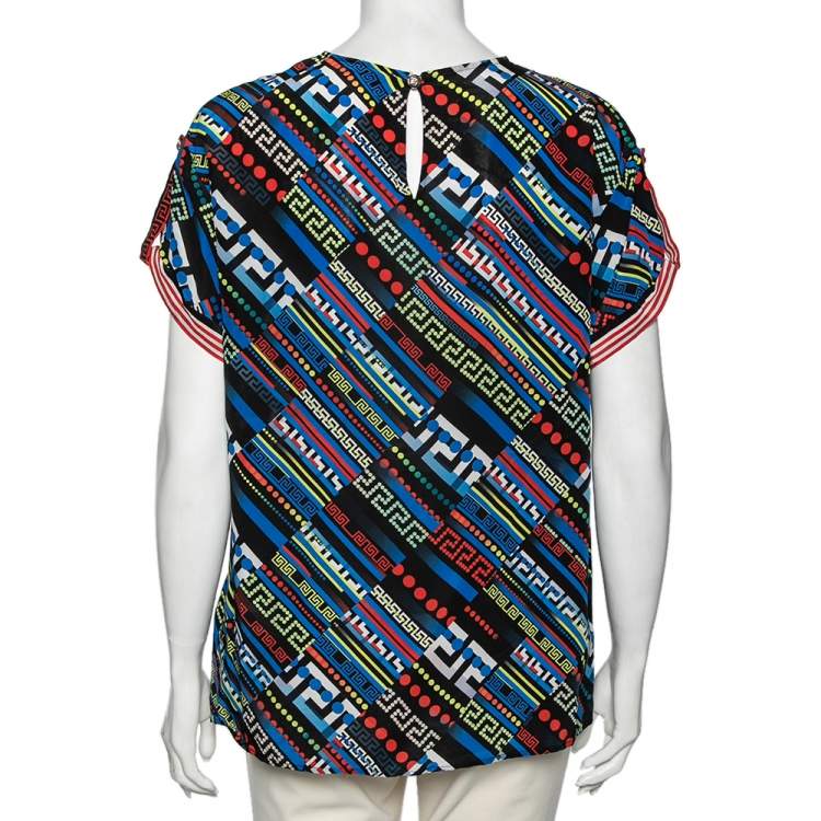 Pre Owned Versace Multicolor  La Greca Printed Silk Crew Neck Short Sleeve Blouse M