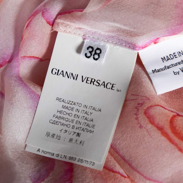 Pre Owned Versace Orange Rose Printed Silk Button Front Long Sleeve Blouse S