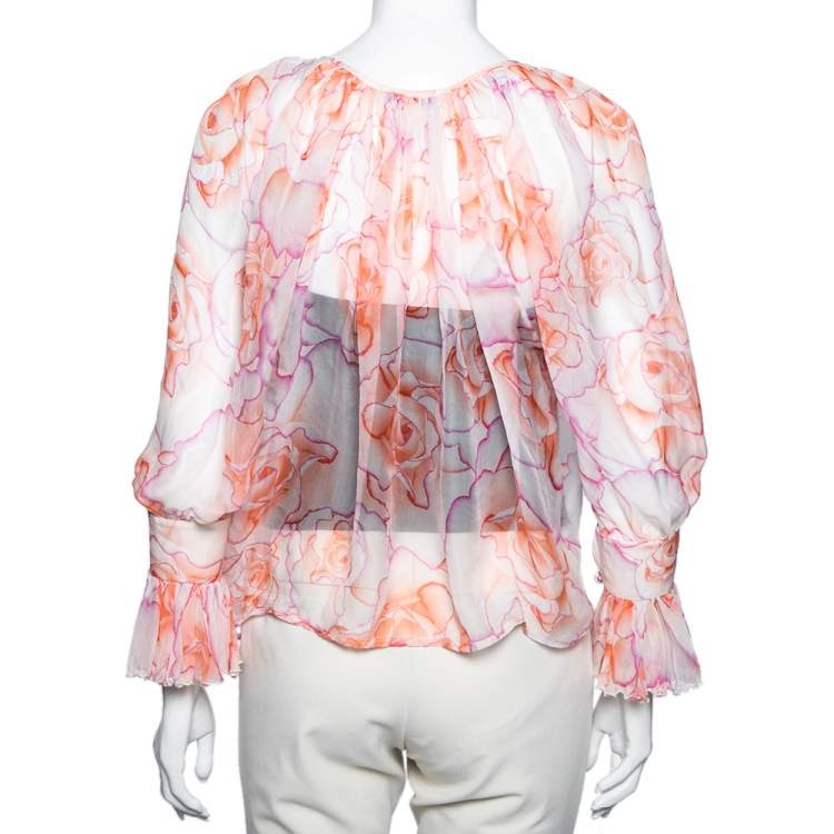 Pre Owned Versace Orange Rose Printed Silk Button Front Long Sleeve Blouse S