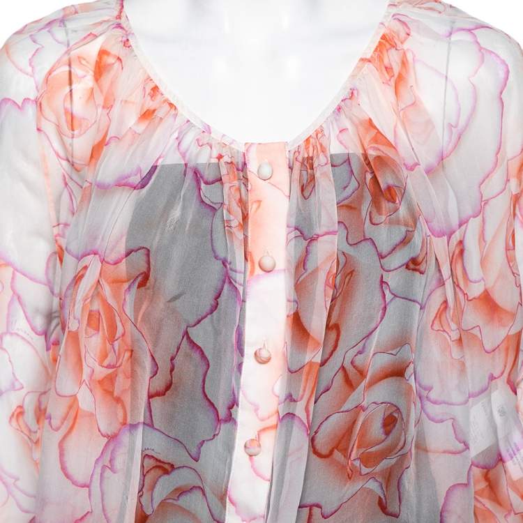 Pre Owned Versace Orange Rose Printed Silk Button Front Long Sleeve Blouse S