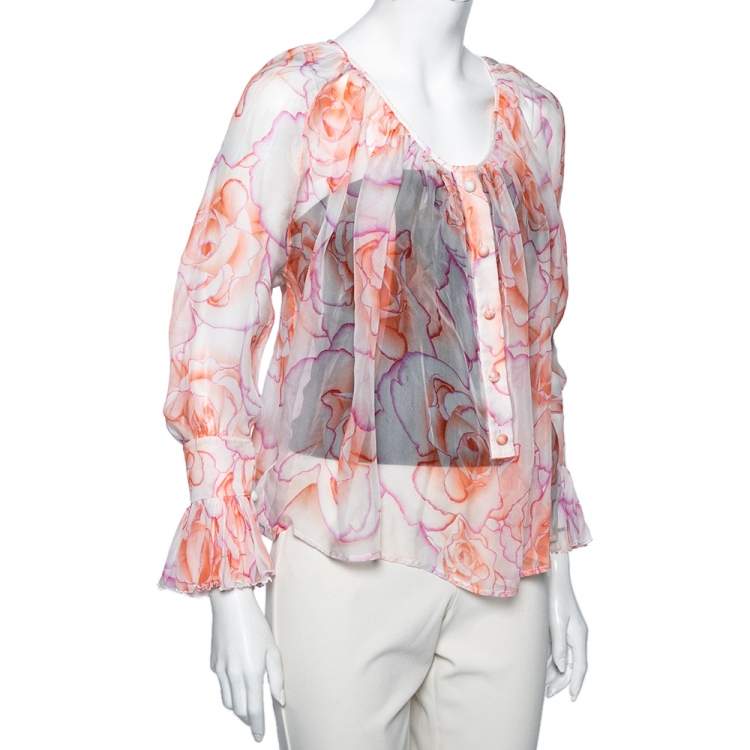 Pre Owned Versace Orange Rose Printed Silk Button Front Long Sleeve Blouse S
