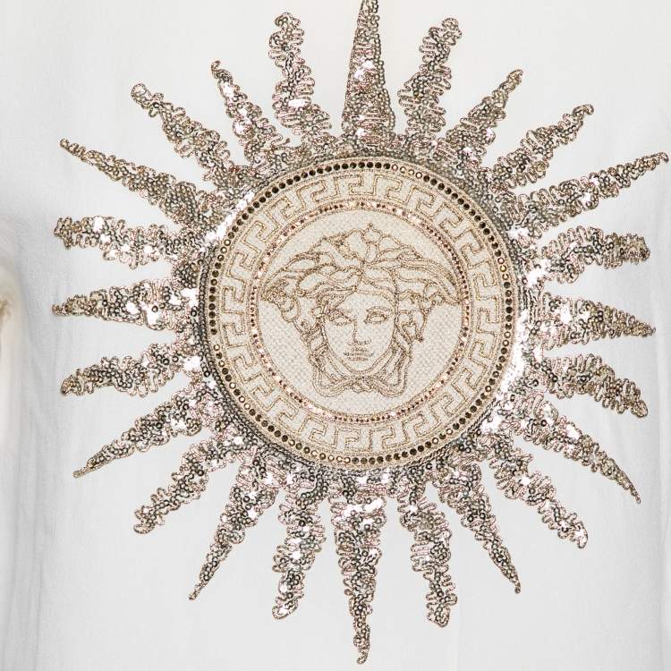 مملوكة مسبقًا Versace Cream Silk Logo Embroidered and Embellished Blouse S