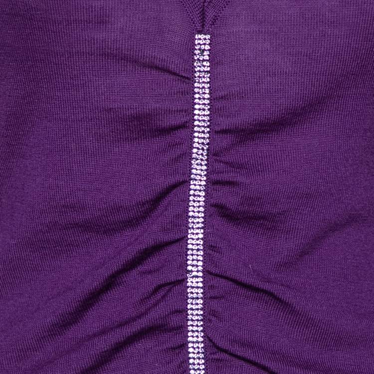 مملوكة مسبقًا Versace Purple Knit Ruched Crystal Embellished Sweater M
