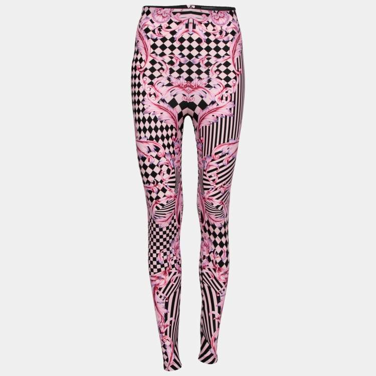 Versace Pink Stretch Knit Striped and Baroque Print Leggings S