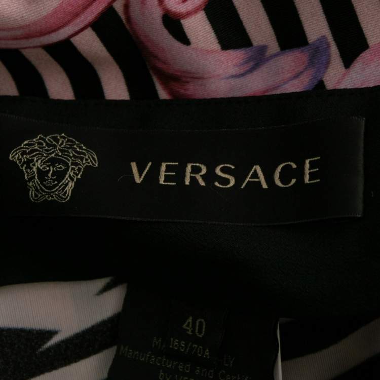 Pre Owned Versace Pink Stretch Knit Striped & Baroque Print Leggings S